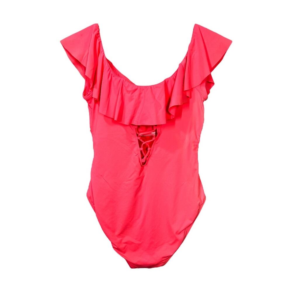 La Blanca Island Goddess Off Shoulder Ruffle One Piece Swimsuit 14 Hot Coral - Picture 4 of 9